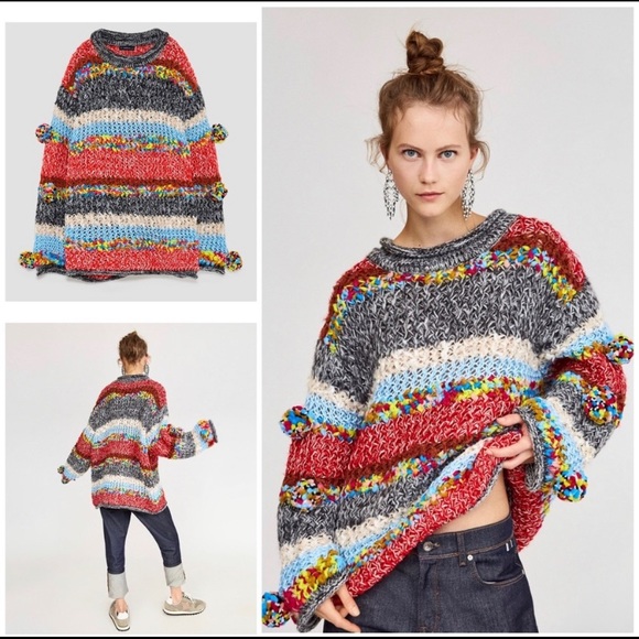 Zara Sweaters - Zara Pom Pom Striped Chunky Knit Oversized Sweater